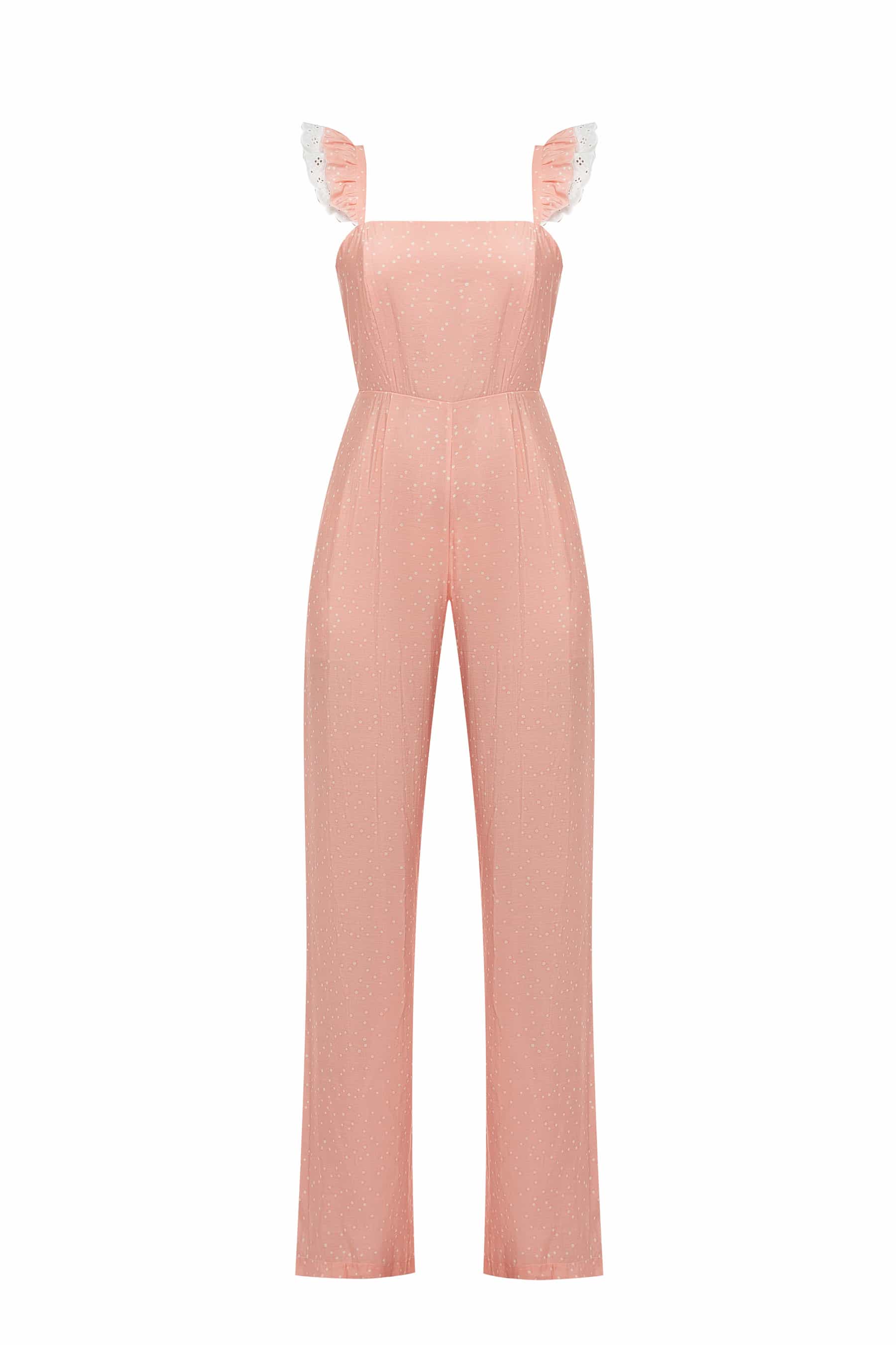 Pink jumpsuit with white polka dots with lace and a tie on the back